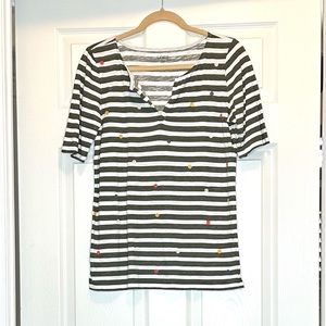 Loft Green Striped Top with Embroidered Polka Dots